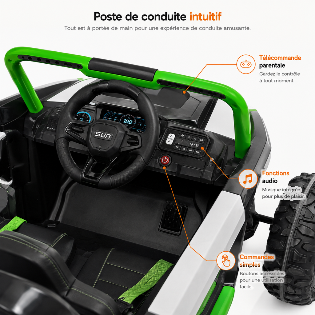 Buggy électrique enfant 24 V 2 places blanc / vert – Trail Rider Pro