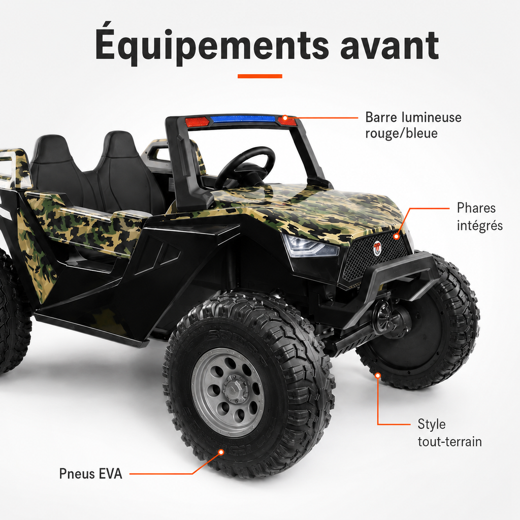 Buggy électrique enfant 24 V avec 4 moteurs camouflage vert – Trail Rider Pro