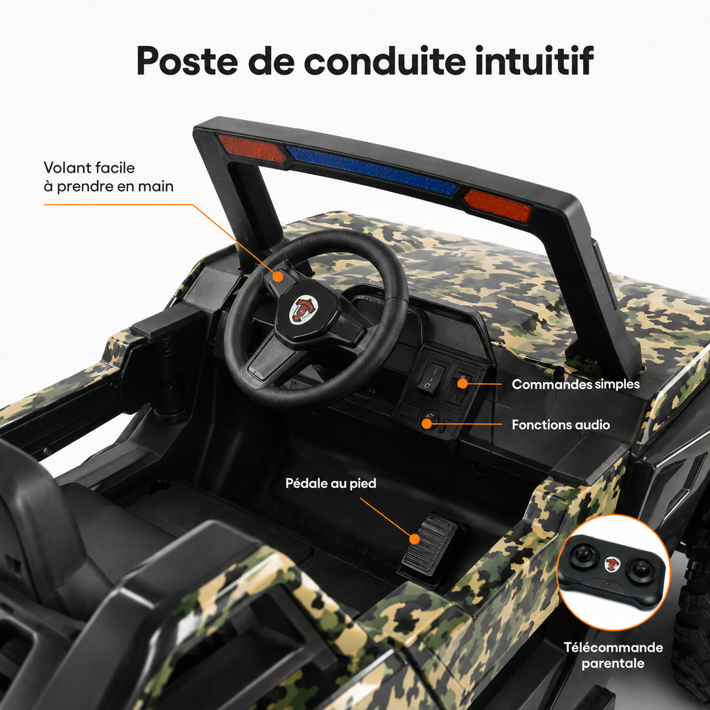 Buggy électrique enfant 24 V avec 4 moteurs camouflage vert – Trail Rider Pro
