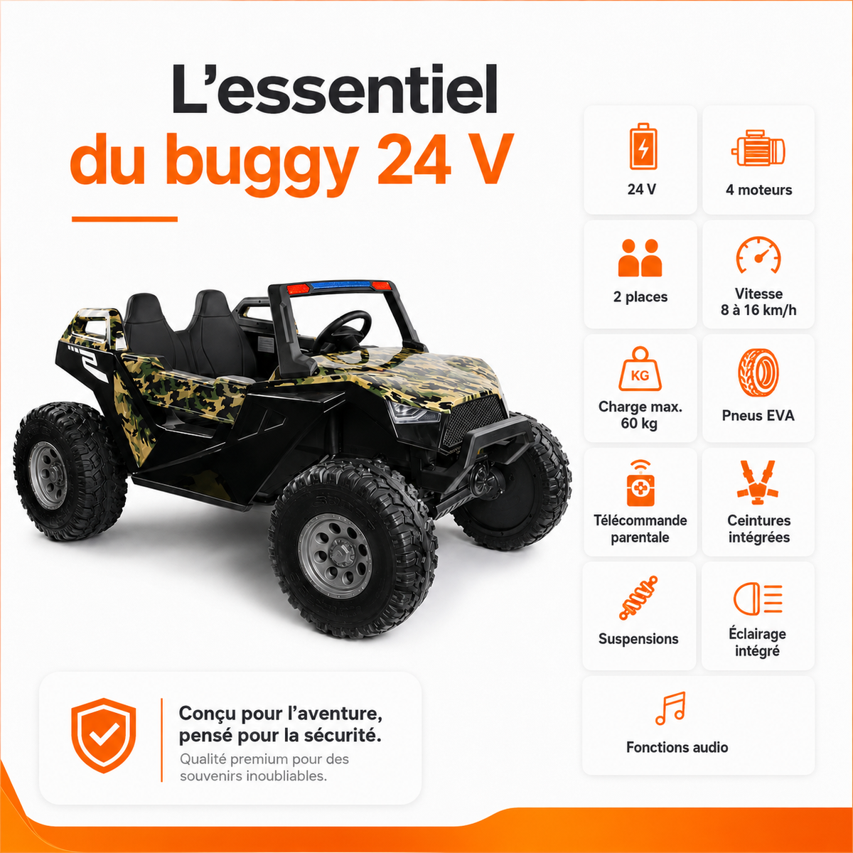 Buggy électrique enfant 24 V avec 4 moteurs camouflage vert – Trail Rider Pro