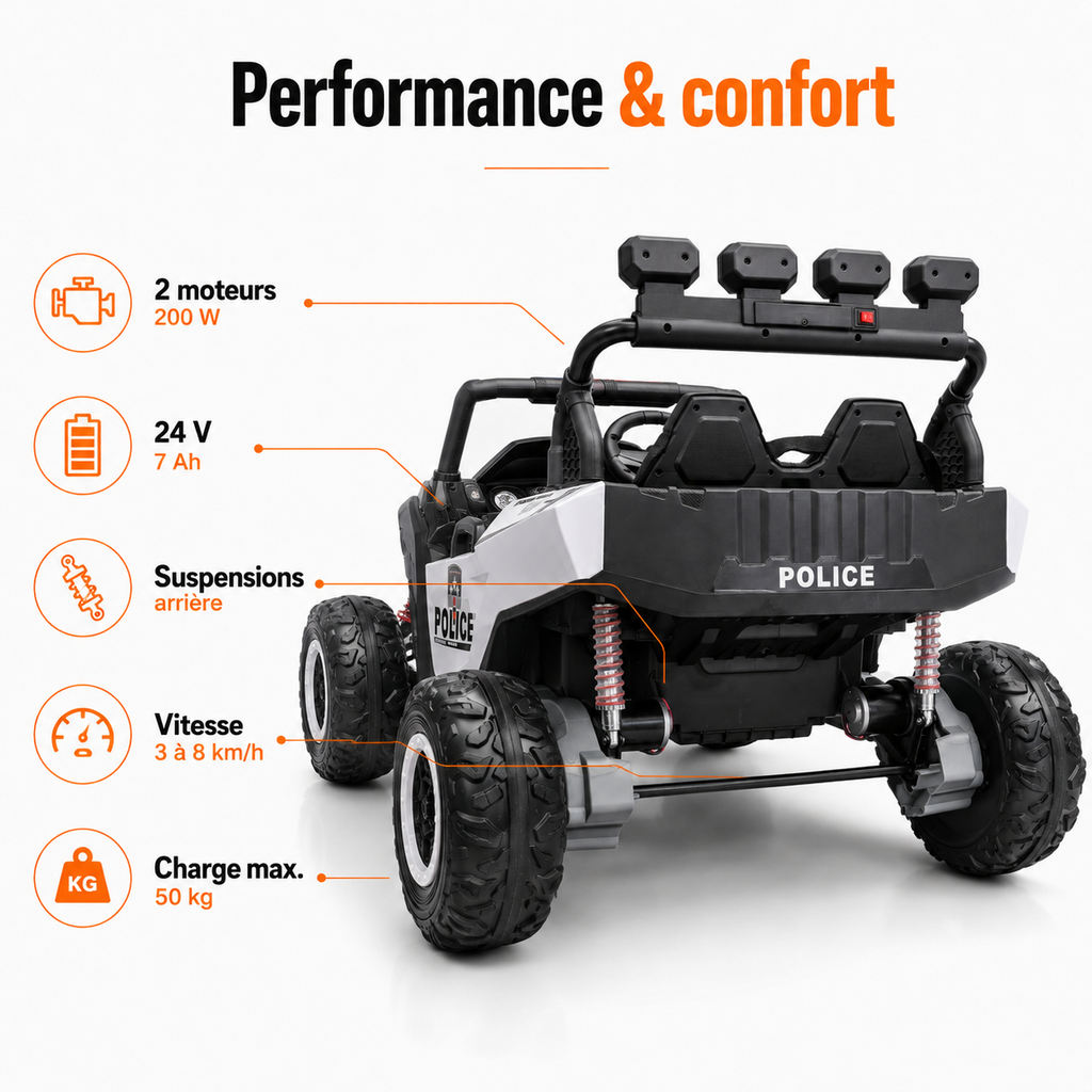 Buggy électrique enfant Police Patrol 24 V – Trail Rider Pro