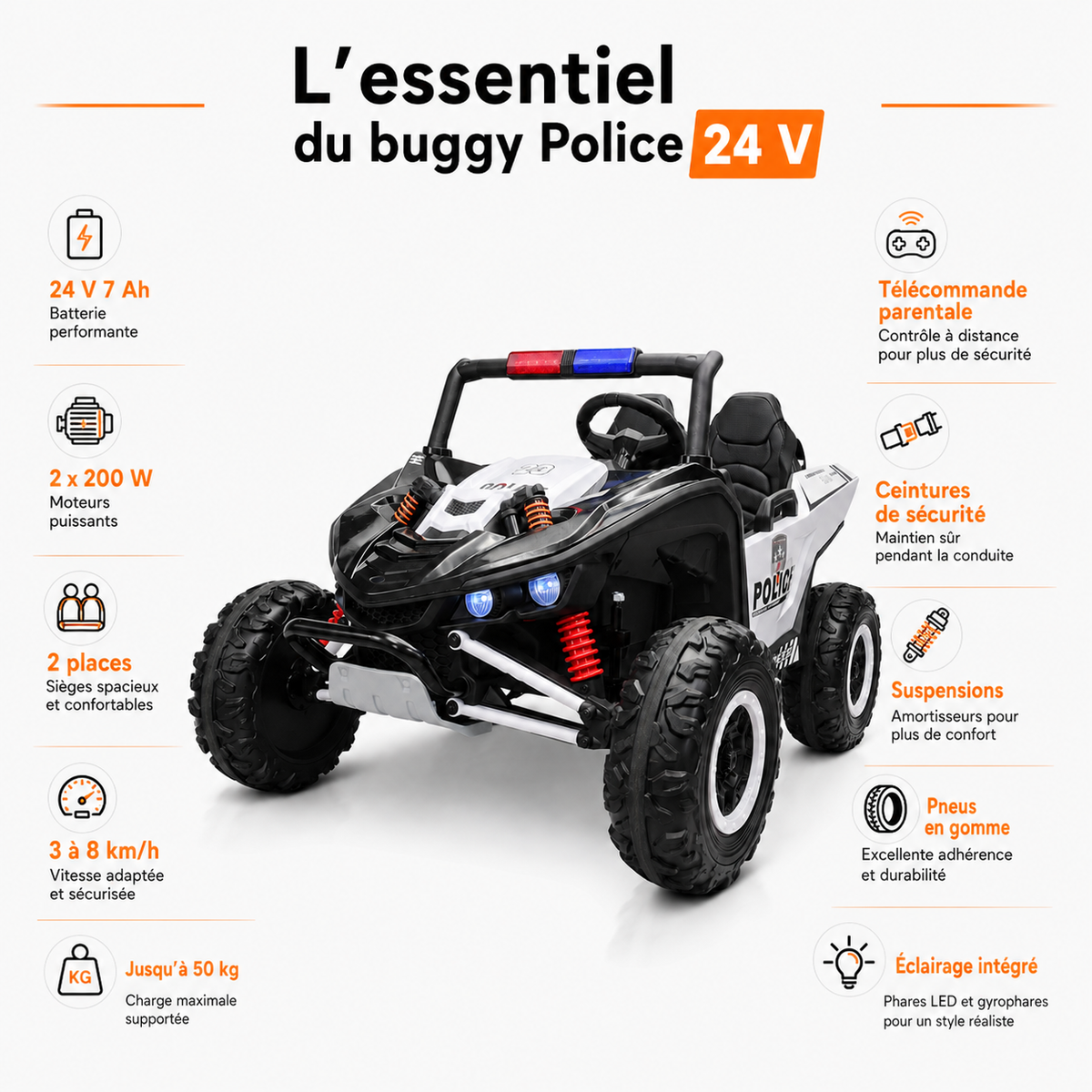 Buggy électrique enfant Police Patrol 24 V – Trail Rider Pro