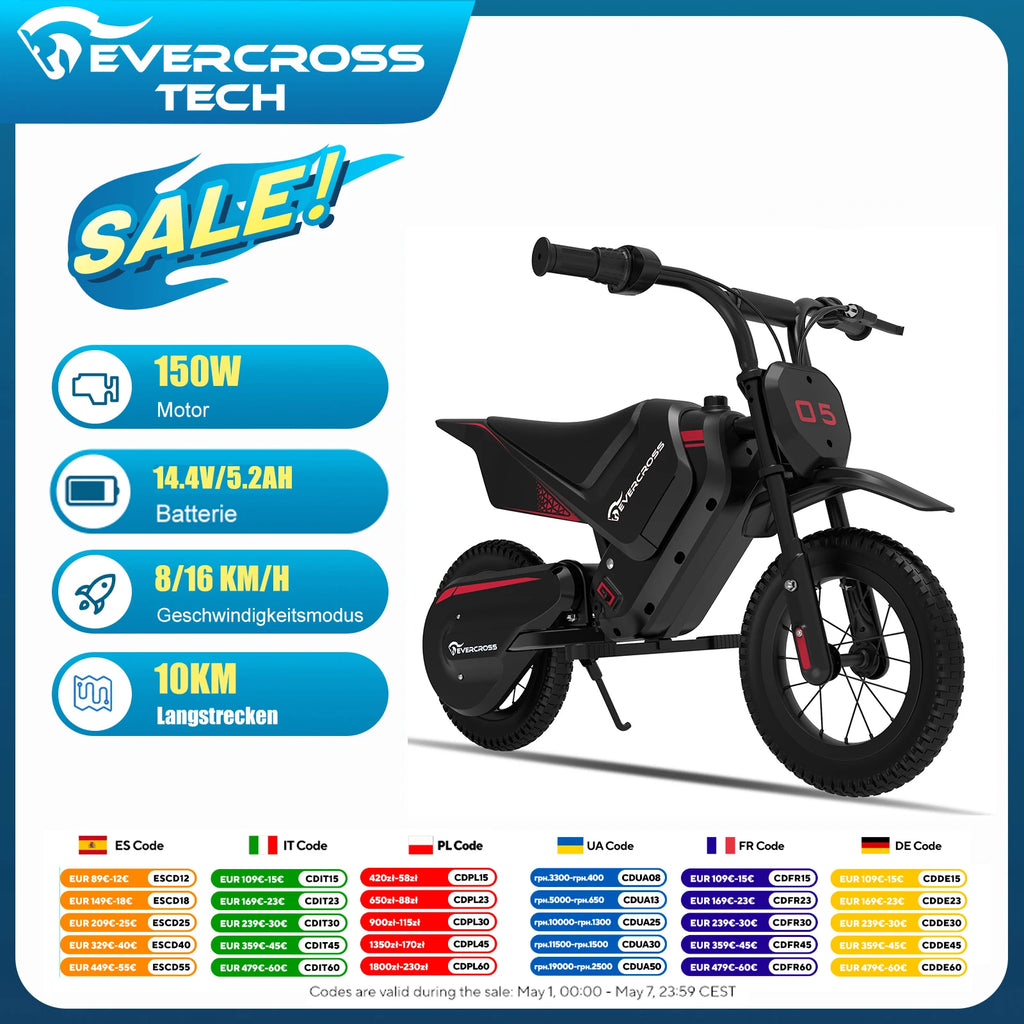 EVERCROSS TECH EV 05M Electric Motorbike for children, 150W, speeds 8/16 km/h, battery life up to 10 km, Motorbike Cross 12 inches for