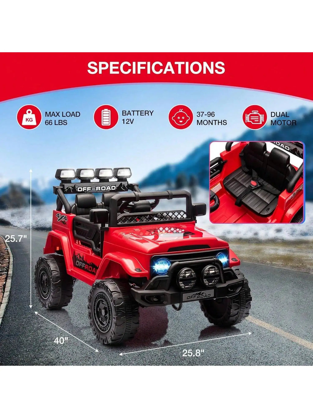 HAUSPROFI 12V Kids Electric Car, With Remote Control,Seat Belt,LED Lights,ATV 4 Wheels,Bluetooth Speaker,3-Speeds,Suspension, for 3+ Years