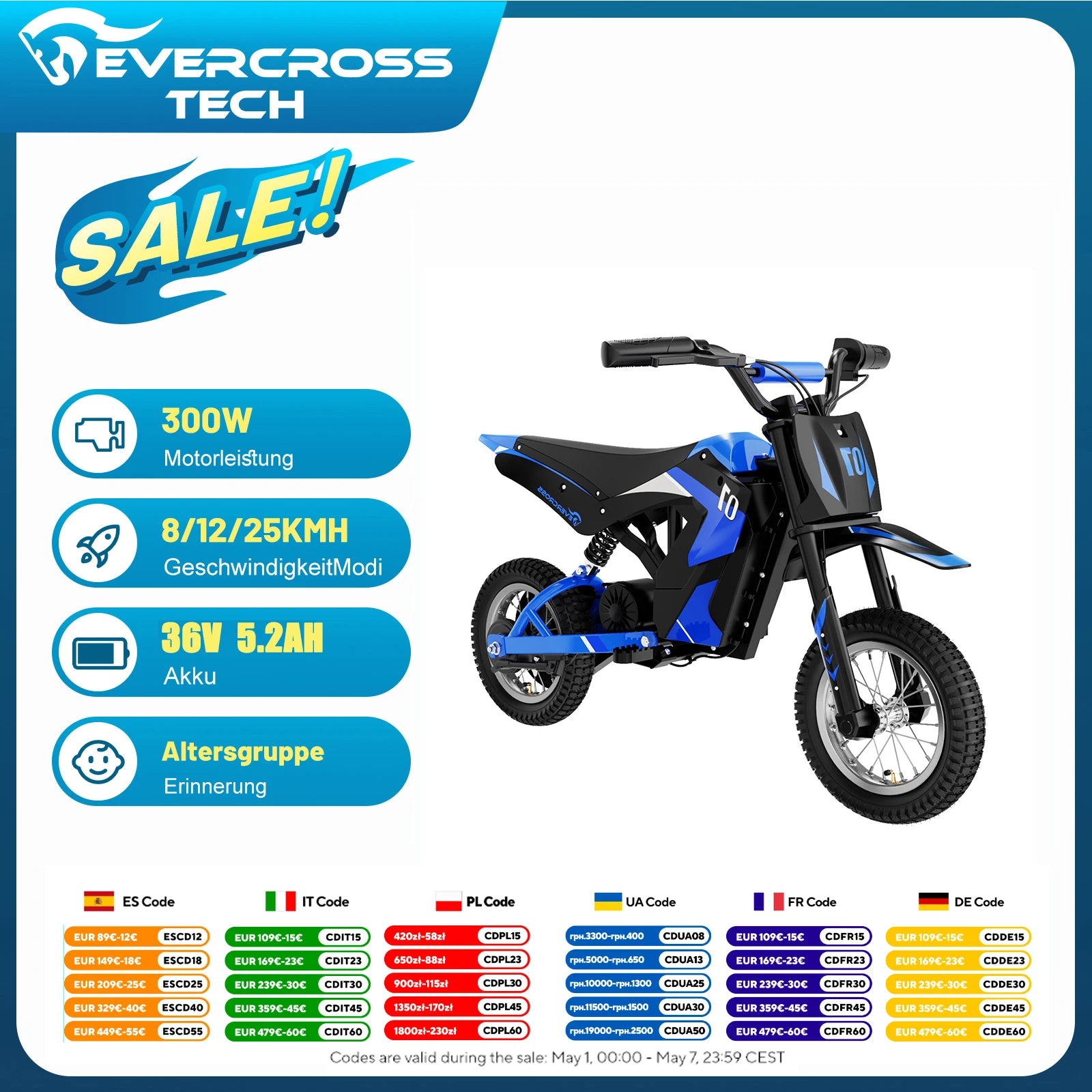 EVERCROSS TECH Children's Electric Motorbike EV12M-300W Motor, Max Speed 25 km/h, Range 15 km, 12-Inch Tires