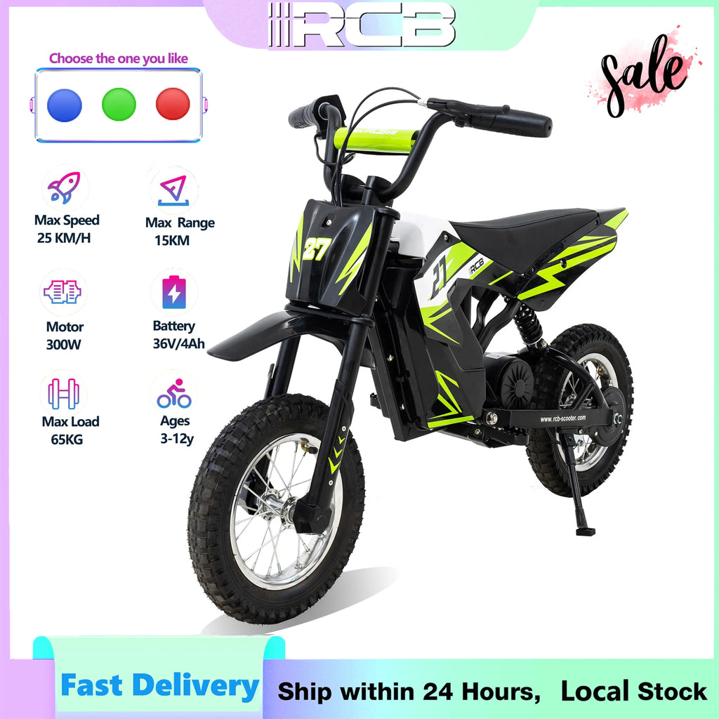 RCB R9X Kids Electric Motorcycle, 3 Adjustable Speeds, 36V 5.2Ah 300W Motor, 15km Range, 25km/h Max Speed, 12" Tires, Safe & Comfortable Design, Children Electric Motorcycle, Ideal Electric Motorcycle Gift for Kids