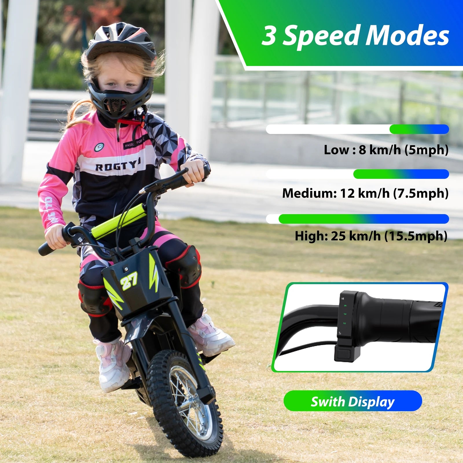 RCB R9X Kids Electric Motorcycle, 3 Adjustable Speeds, 36V 5.2Ah 300W Motor, 15km Range, 25km/h Max Speed, 12" Tires, Safe & Comfortable Design, Children Electric Motorcycle, Ideal Electric Motorcycle Gift for Kids