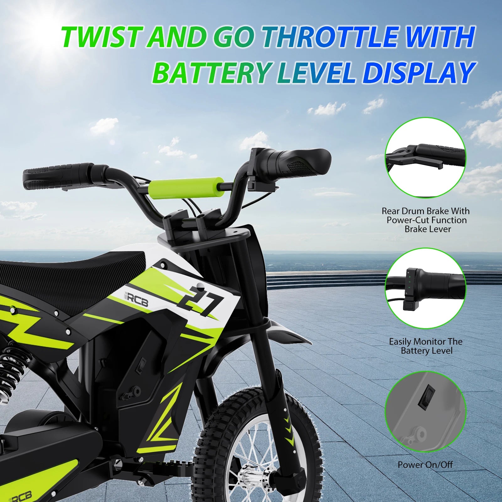 RCB R9X Kids Electric Motorcycle, 3 Adjustable Speeds, 36V 5.2Ah 300W Motor, 15km Range, 25km/h Max Speed, 12" Tires, Safe & Comfortable Design, Children Electric Motorcycle, Ideal Electric Motorcycle Gift for Kids