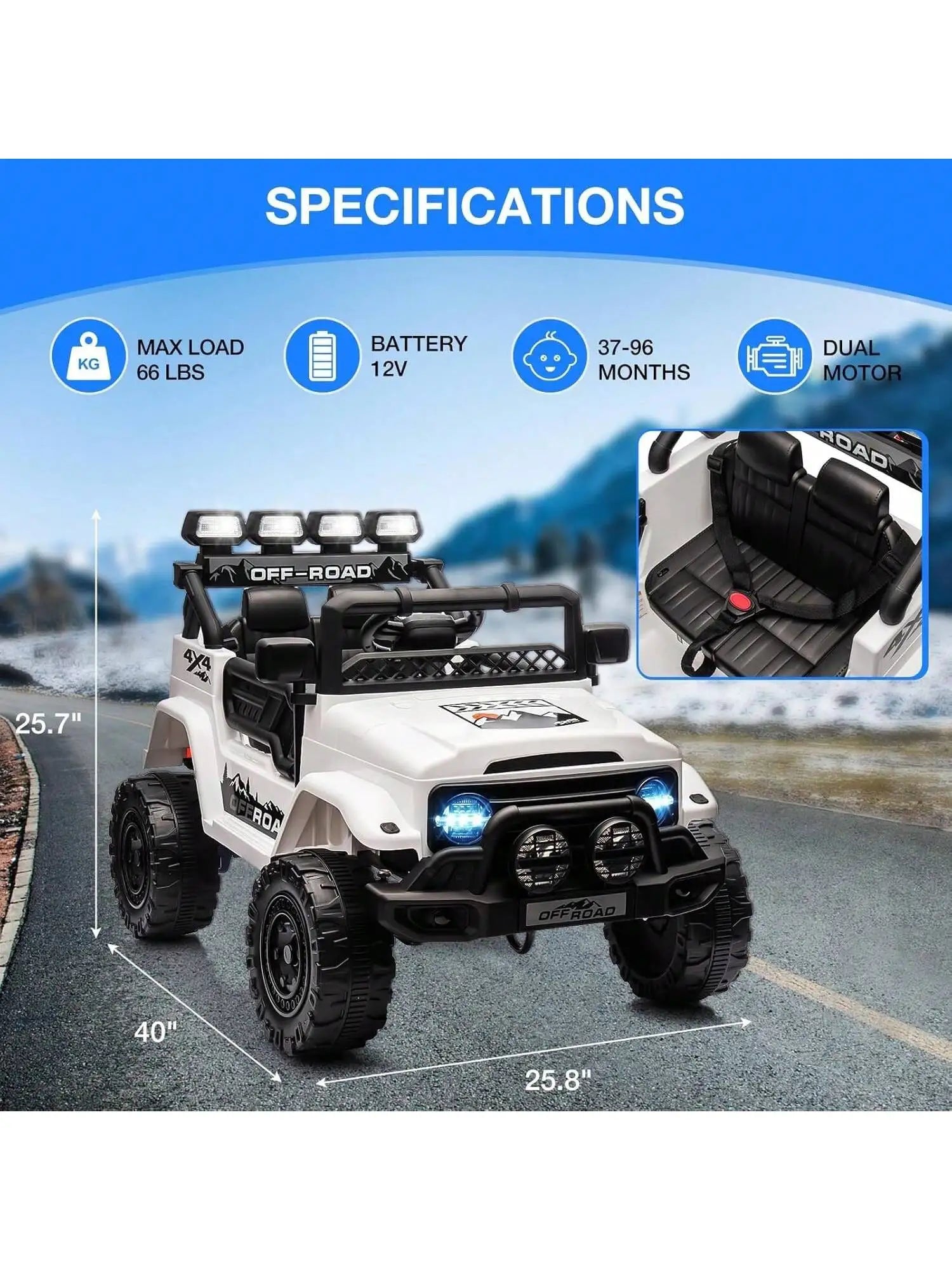 HAUSPROFI 12V Kids Electric Car, With Remote Control,Seat Belt,LED Lights,ATV 4 Wheels,Bluetooth Speaker,3-Speeds,Suspension, for 3+ Years