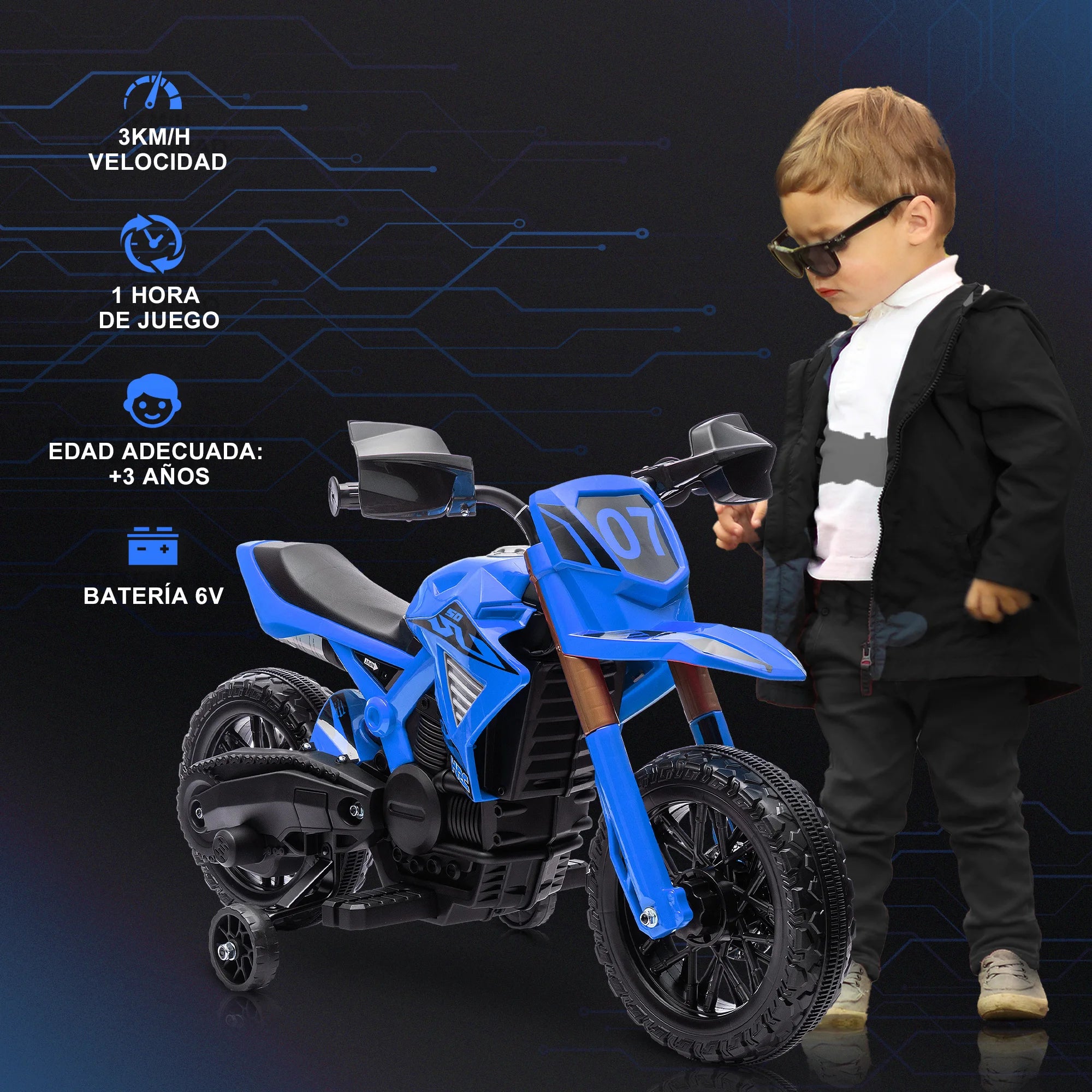 Aiyaplay Electric Motorcycle for Children +3 Years Old 12V Battery Motorcycle for Children with Training Wheels Grip Accelerator and Bo