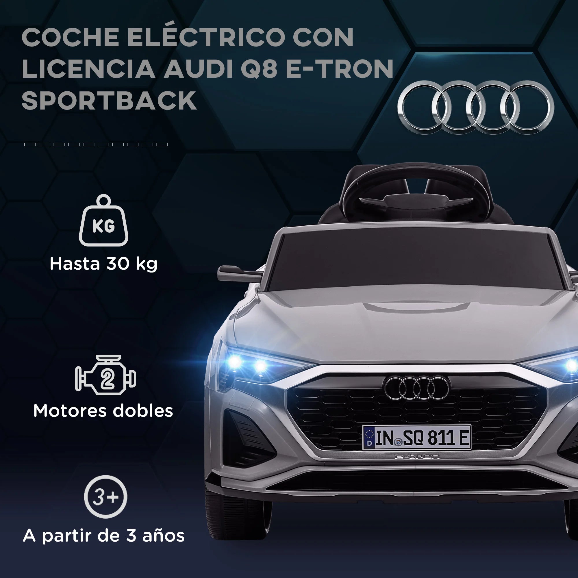 Aiyaplay Electric Car for Children Audi Q8 Etron Sportback with License Remote Control Headlights Horn and Music Gray