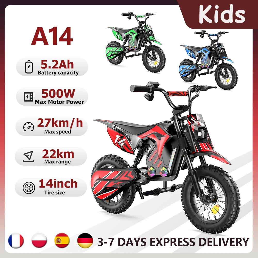 iScooter Electric Dirt Bike for Kids 500W 5.2Ah Electric Motorcycle A14 27km/h Max Speed 14inch Trail Riding Off-Road Motorcycle