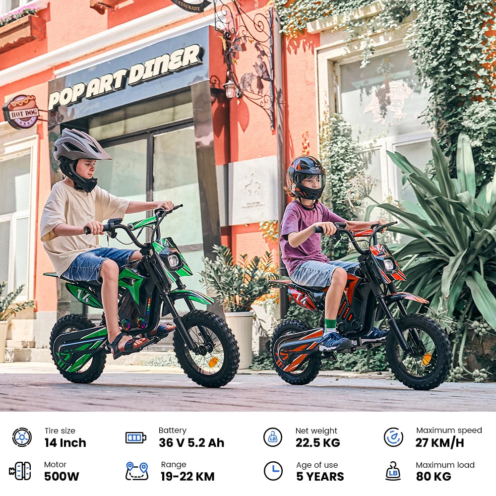 iScooter Electric Dirt Bike for Kids 500W 5.2Ah Electric Motorcycle A14 27km/h Max Speed 14inch Trail Riding Off-Road Motorcycle