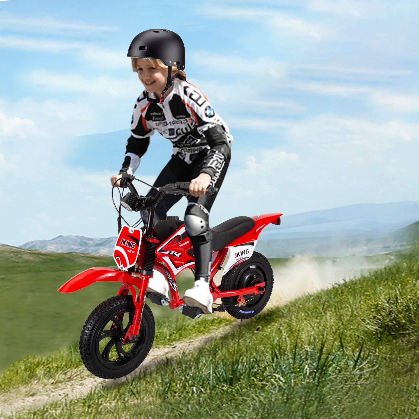 Children's Electric Motorcycle, 200W Electric Cross Bike for Children 12" Tires 16km/h Max Speed 12km Range LED Headlight LCD Display Double Disc Brake for Age 3-8 Years