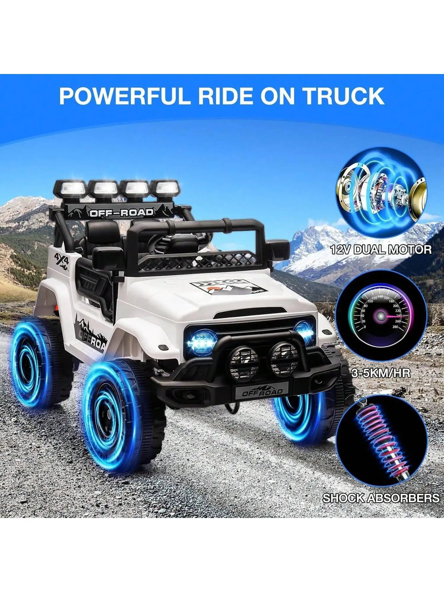 HAUSPROFI 12V Kids Electric Car, With Remote Control,Seat Belt,LED Lights,ATV 4 Wheels,Bluetooth Speaker,3-Speeds,Suspension, for 3+ Years