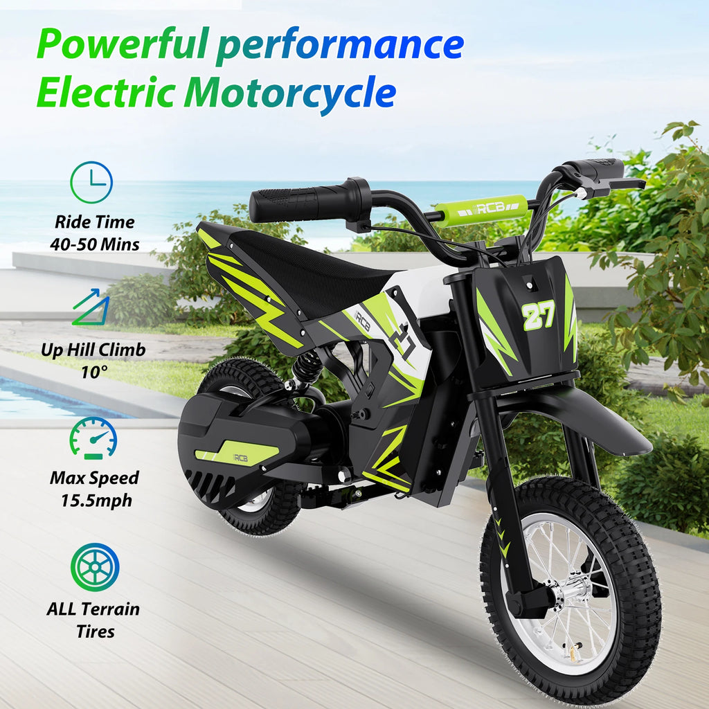 RCB R9X Kids Electric Motorcycle, 3 Adjustable Speeds, 36V 5.2Ah 300W Motor, 15km Range, 25km/h Max Speed, 12" Tires, Safe & Comfortable Design, Children Electric Motorcycle, Ideal Electric Motorcycle Gift for Kids