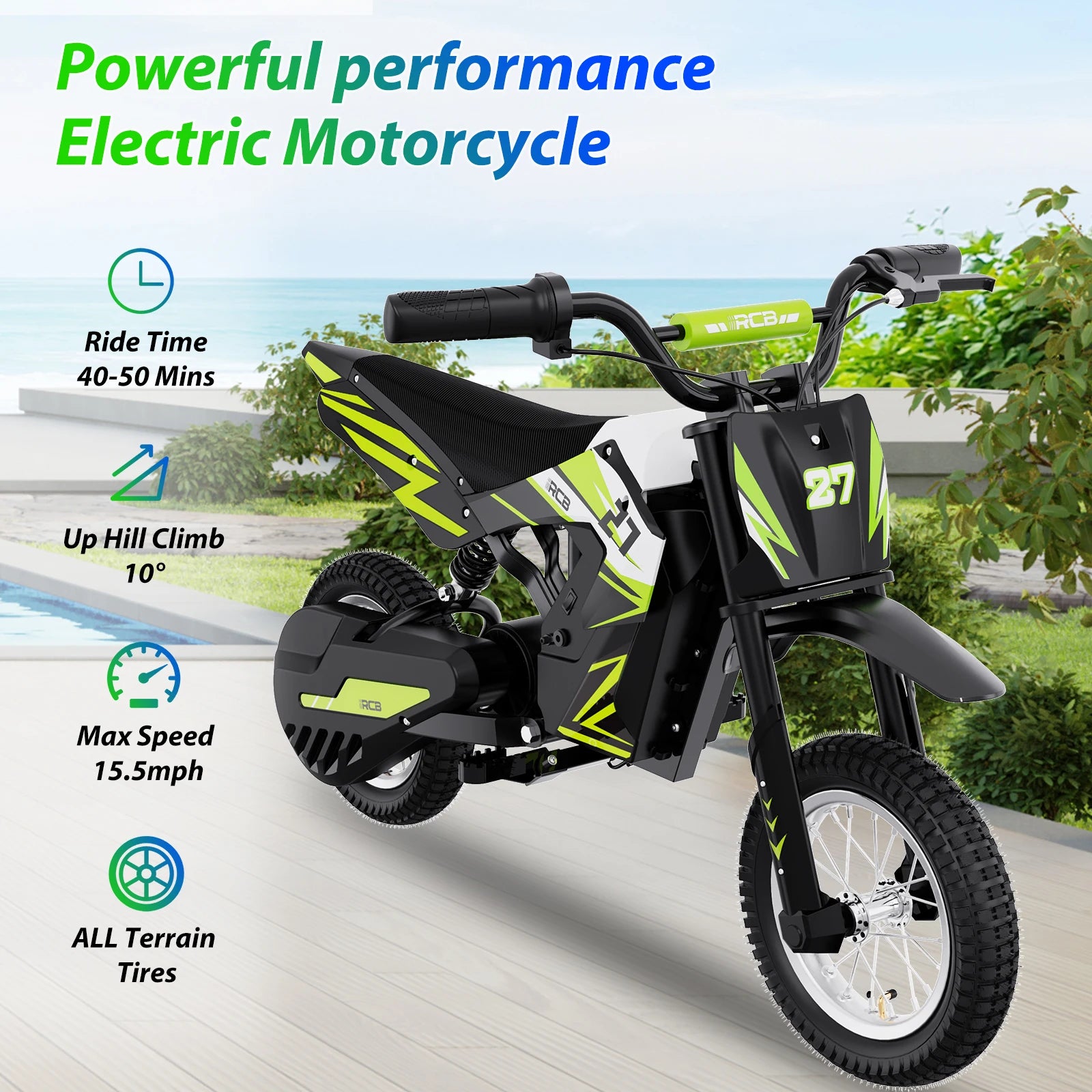 RCB R9X Kids Electric Motorcycle, 3 Adjustable Speeds, 36V 5.2Ah 300W Motor, 15km Range, 25km/h Max Speed, 12" Tires, Safe & Comfortable Design, Children Electric Motorcycle, Ideal Electric Motorcycle Gift for Kids