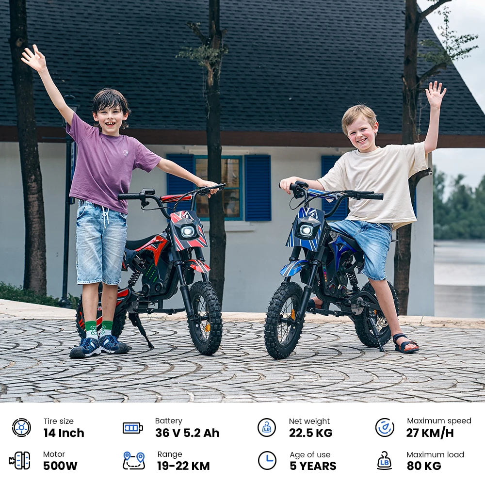 iScooter Electric Dirt Bike for Kids 500W 5.2Ah Electric Motorcycle A14 27km/h Max Speed 14inch Trail Riding Off-Road Motorcycle