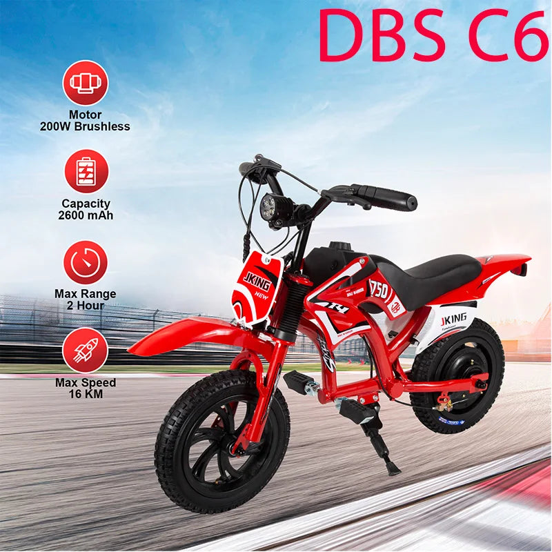 Children's Electric Motorcycle, 200W Electric Cross Bike for Children 12" Tires 16km/h Max Speed 12km Range LED Headlight LCD Display Double Disc Brake for Age 3-8 Years
