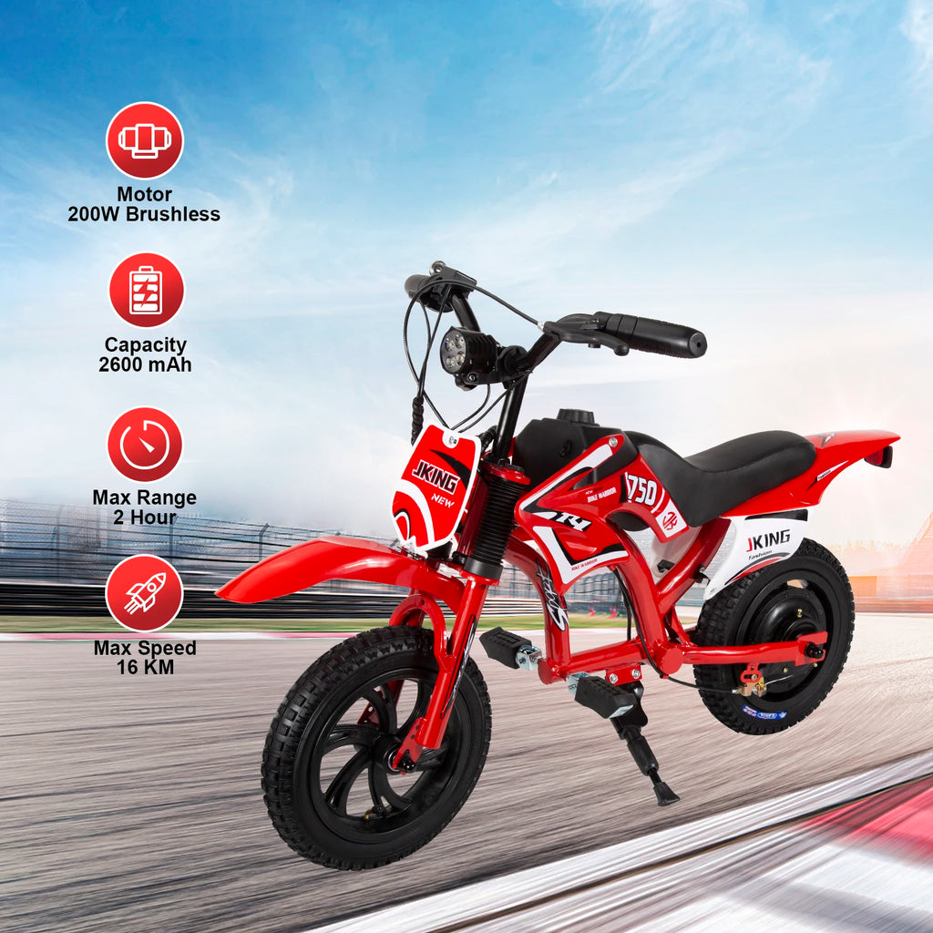 Children's Electric Motorcycle, 200W Electric Cross Bike for Children 12" Tires 16km/h Max Speed 12km Range LED Headlight LCD Display Double Disc Brake for Age 3-8 Years