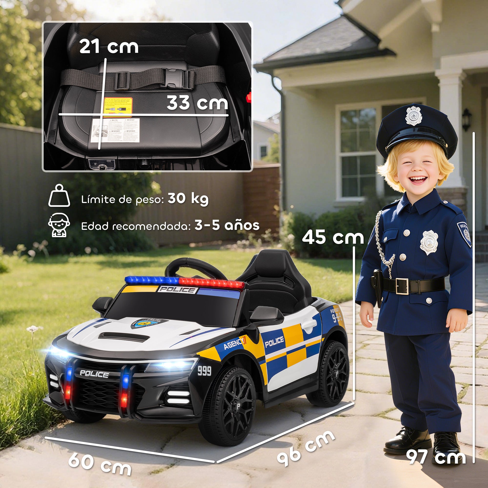 Aiyaplay Electric Police Car for Children +3 Years Old 12V with 2.4g Remote Control Lights Siren Music